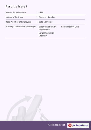 F a c t s h e e t 
Year of Establishment : 1978 
Nature of Business : Exporter, Supplier 
Total Number of Employees : Upto 10 People 
Primary Competitive Advantage : Experienced R & D 
Department 
Large Product Line 
Large Production 
Capacity 
A Member of 
 