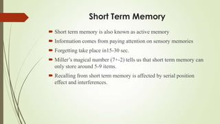 Short Term Memory
 Short term memory is also known as active memory
 Information comes from paying attention on sensory memories
 Forgetting take place in15-30 sec.
 Miller’s magical number (7+-2) tells us that short term memory can
  only store around 5-9 items.
 Recalling from short term memory is affected by serial position
  effect and interferences.
 
