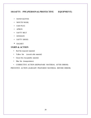 29
18:SAFTY- PPE (PERSONALPROTECTIVE EQUIPMENT)
• HAND GLOVES
• MOUTH MASK
• EAR PLUG
• APRON
• SAFTY BELT
• GOGGLES
• SAFTY SHOES
• HALMET
19:BIN & ACTION
• Red bin (rejected material)
• Yellow bin (rework able material)
• Green bin (Acceptable material)
• Blue bin (transportation)
• CORRECTIVE ACTION (REPRAPARE MATERIAL AFTER ERROR)
PREVETIVE ACTION (ALREADY PRAPARED MATERIAL BEFORE ERROR)
 