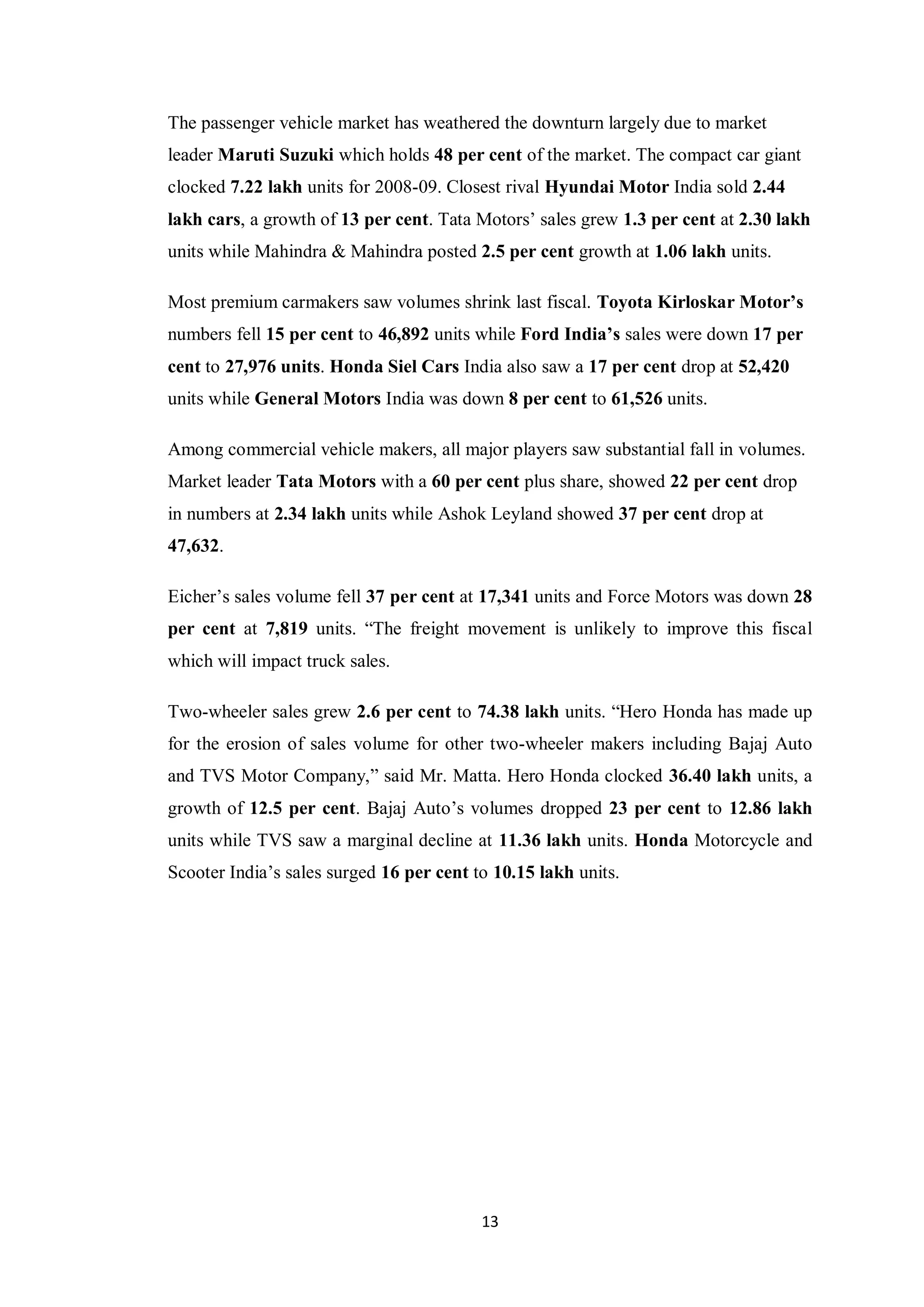 13
The passenger vehicle market has weathered the downturn largely due to market
leader Maruti Suzuki which holds 48 per cent of the market. The compact car giant
clocked 7.22 lakh units for 2008-09. Closest rival Hyundai Motor India sold 2.44
lakh cars, a growth of 13 per cent. Tata Motors’ sales grew 1.3 per cent at 2.30 lakh
units while Mahindra & Mahindra posted 2.5 per cent growth at 1.06 lakh units.
Most premium carmakers saw volumes shrink last fiscal. Toyota Kirloskar Motor’s
numbers fell 15 per cent to 46,892 units while Ford India’s sales were down 17 per
cent to 27,976 units. Honda Siel Cars India also saw a 17 per cent drop at 52,420
units while General Motors India was down 8 per cent to 61,526 units.
Among commercial vehicle makers, all major players saw substantial fall in volumes.
Market leader Tata Motors with a 60 per cent plus share, showed 22 per cent drop
in numbers at 2.34 lakh units while Ashok Leyland showed 37 per cent drop at
47,632.
Eicher’s sales volume fell 37 per cent at 17,341 units and Force Motors was down 28
per cent at 7,819 units. “The freight movement is unlikely to improve this fiscal
which will impact truck sales.
Two-wheeler sales grew 2.6 per cent to 74.38 lakh units. “Hero Honda has made up
for the erosion of sales volume for other two-wheeler makers including Bajaj Auto
and TVS Motor Company,” said Mr. Matta. Hero Honda clocked 36.40 lakh units, a
growth of 12.5 per cent. Bajaj Auto’s volumes dropped 23 per cent to 12.86 lakh
units while TVS saw a marginal decline at 11.36 lakh units. Honda Motorcycle and
Scooter India’s sales surged 16 per cent to 10.15 lakh units.
 