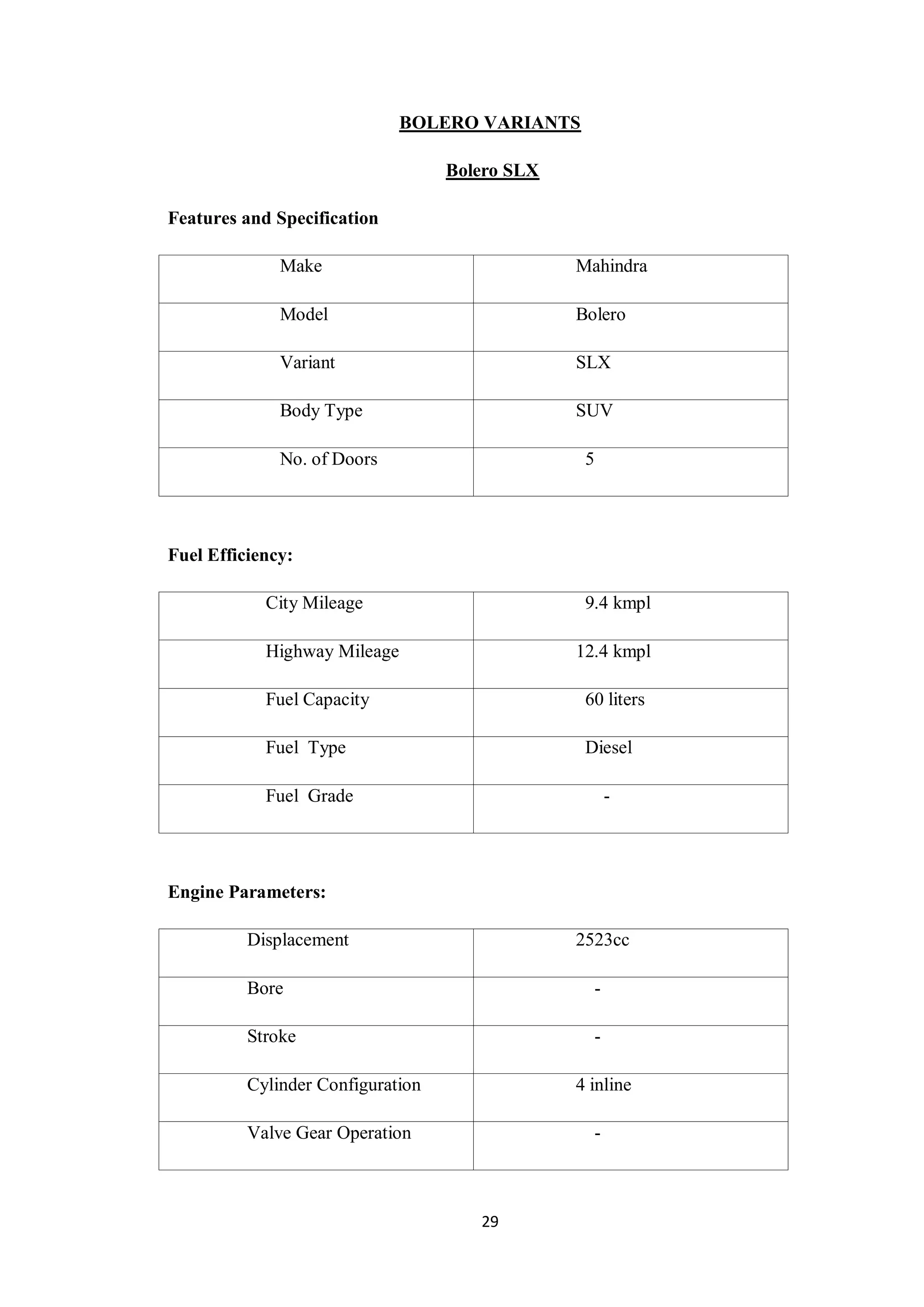 29
BOLERO VARIANTS
Bolero SLX
Features and Specification
Make Mahindra
Model Bolero
Variant SLX
Body Type SUV
No. of Doors 5
Fuel Efficiency:
City Mileage 9.4 kmpl
Highway Mileage 12.4 kmpl
Fuel Capacity 60 liters
Fuel Type Diesel
Fuel Grade -
Engine Parameters:
Displacement 2523cc
Bore -
Stroke -
Cylinder Configuration 4 inline
Valve Gear Operation -
 