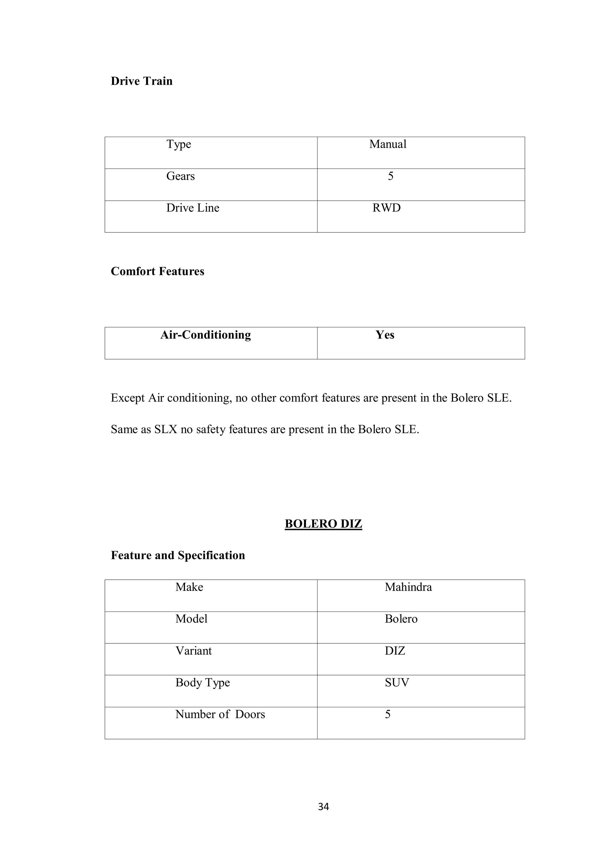 34
Drive Train
Type Manual
Gears 5
Drive Line RWD
Comfort Features
Air-Conditioning Yes
Except Air conditioning, no other comfort features are present in the Bolero SLE.
Same as SLX no safety features are present in the Bolero SLE.
BOLERO DIZ
Feature and Specification
Make Mahindra
Model Bolero
Variant DIZ
Body Type SUV
Number of Doors 5
 