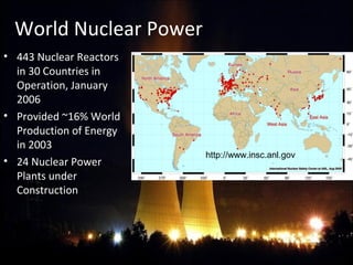 World Nuclear Power
• 443 Nuclear Reactors 
in 30 Countries in 
Operation, January 
2006
• Provided ~16% World 
Production of Energy 
in 2003
• 24 Nuclear Power 
Plants under 
Construction
http://www.insc.anl.gov
 