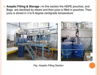  Aseptic Filling & Storage :-In this section the HDPE pouches, and
Bags are sterilized by steam and then juice is filled in pouches. Then
juice is stored in 3 to 6 degree centigrade temperature.
Fig:- Aseptic Filling Section
 