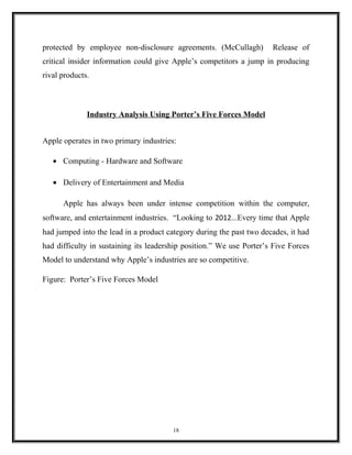 protected by employee non-disclosure agreements. (McCullagh) Release of
critical insider information could give Apple’s competitors a jump in producing
rival products.
Industry Analysis Using Porter’s Five Forces Model
Apple operates in two primary industries:
• Computing - Hardware and Software
• Delivery of Entertainment and Media
Apple has always been under intense competition within the computer,
software, and entertainment industries. “Looking to 2012...Every time that Apple
had jumped into the lead in a product category during the past two decades, it had
had difficulty in sustaining its leadership position.” We use Porter’s Five Forces
Model to understand why Apple’s industries are so competitive.
Figure: Porter’s Five Forces Model
18
 