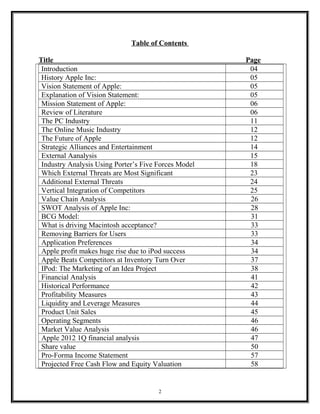 Table of Contents
Title Page
Introduction 04
History Apple Inc: 05
Vision Statement of Apple: 05
Explanation of Vision Statement: 05
Mission Statement of Apple: 06
Review of Literature 06
The PC Industry 11
The Online Music Industry 12
The Future of Apple 12
Strategic Alliances and Entertainment 14
External Aanalysis 15
Industry Analysis Using Porter’s Five Forces Model 18
Which External Threats are Most Significant 23
Additional External Threats 24
Vertical Integration of Competitors 25
Value Chain Analysis 26
SWOT Analysis of Apple Inc: 28
BCG Model: 31
What is driving Macintosh acceptance? 33
Removing Barriers for Users 33
Application Preferences 34
Apple profit makes huge rise due to iPod success 34
Apple Beats Competitors at Inventory Turn Over 37
IPod: The Marketing of an Idea Project 38
Financial Analysis 41
Historical Performance 42
Profitability Measures 43
Liquidity and Leverage Measures 44
Product Unit Sales 45
Operating Segments 46
Market Value Analysis 46
Apple 2012 1Q financial analysis 47
Share value 50
Pro-Forma Income Statement 57
Projected Free Cash Flow and Equity Valuation 58
2
 