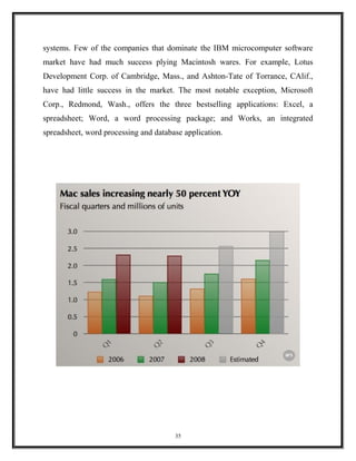 systems. Few of the companies that dominate the IBM microcomputer software
market have had much success plying Macintosh wares. For example, Lotus
Development Corp. of Cambridge, Mass., and Ashton-Tate of Torrance, CAlif.,
have had little success in the market. The most notable exception, Microsoft
Corp., Redmond, Wash., offers the three bestselling applications: Excel, a
spreadsheet; Word, a word processing package; and Works, an integrated
spreadsheet, word processing and database application.
35
 