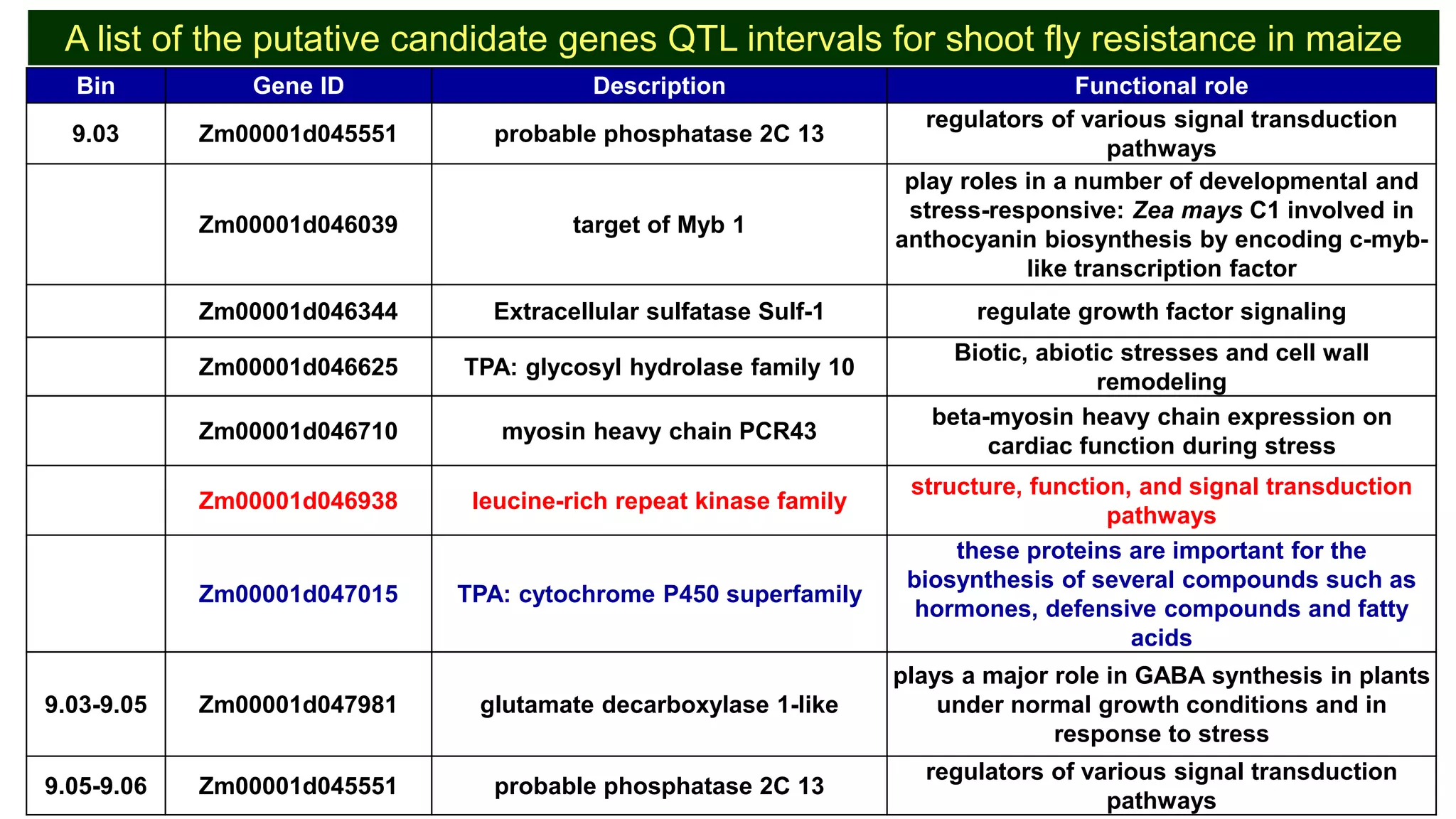 Bin Gene ID Description Functional role
9.03 Zm00001d045551 probable phosphatase 2C 13
regulators of various signal transduction
pathways
Zm00001d046039 target of Myb 1
play roles in a number of developmental and
stress-responsive: Zea mays C1 involved in
anthocyanin biosynthesis by encoding c-myb-
like transcription factor
Zm00001d046344 Extracellular sulfatase Sulf-1 regulate growth factor signaling
Zm00001d046625 TPA: glycosyl hydrolase family 10
Biotic, abiotic stresses and cell wall
remodeling
Zm00001d046710 myosin heavy chain PCR43
beta-myosin heavy chain expression on
cardiac function during stress
Zm00001d046938 leucine-rich repeat kinase family
structure, function, and signal transduction
pathways
Zm00001d047015 TPA: cytochrome P450 superfamily
these proteins are important for the
biosynthesis of several compounds such as
hormones, defensive compounds and fatty
acids
9.03-9.05 Zm00001d047981 glutamate decarboxylase 1-like
plays a major role in GABA synthesis in plants
under normal growth conditions and in
response to stress
9.05-9.06 Zm00001d045551 probable phosphatase 2C 13
regulators of various signal transduction
pathways
A list of the putative candidate genes QTL intervals for shoot fly resistance in maize
 