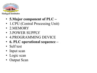 • 5.Major component of PLC –
• 1.CPU (Central Processing Unit)
• 2.MEMORY
• 3.POWER SUPPLY
• 4.PROGRAMMING DEVICE
• 6. PLC operational sequence –
• Self test
• Input scan
• Logic scan
• Output Scan
 
