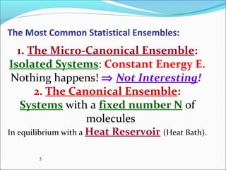 The Most Common Statistical Ensembles:
1. The Micro-Canonical Ensemble:
Isolated Systems: Constant Energy E.
Nothing happens! ⇒ Not Interesting!
2. The Canonical Ensemble:
Systems with a fixed number N of
molecules
In equilibrium with a Heat Reservoir (Heat Bath).
5
 