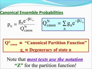 Canonical Ensemble Probabilities
p
g e
Q
n
n
U
canon
N
n
=
−β
QN
canon ≡ “Canonical Partition Function”
gn ≡ Degeneracy of state n
Q g ecanon
N
n
n
Un
= ∑
−β
Note that most texts use the notation
“Z” for the partition function!
 