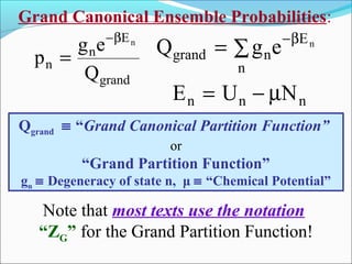 Grand Canonical Ensemble Probabilities:
p
g e
Q
n
n
E
grand
n
=
−β
E U Nn n n= − µ
Q g egrand n
n
En
= ∑
−β
Qgrand ≡ “Grand Canonical Partition Function”
or
“Grand Partition Function”
gn ≡ Degeneracy of state n, μ ≡ “Chemical Potential”
Note that most texts use the notation
“ZG” for the Grand Partition Function!
 