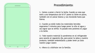 1.- Vamos a poner a hervir la leche. Cuando ya veas que
esté a una temperatura de 40 G° pones tu leche en polvo,
también con el azúcar blanca y vas moviendo hasta que
hierva.
2.- Cuando ya están todos los materiales hervidos
esperamos 5 minutos para luego poner la olla al agua y
así lograr que se enfríe. Ya pasado esto ponemos el yogur
a la leche.
3.- Todo nuestro material lo pondremos en el refrigerador
para sacarlo al siguiente día, para poner la jalea a nuestro
producto, también embotellarlo y poder tener ya listo
nuestro yogur casero
4.- Ahora si a disfrutar con la familia.
Procedimiento:
 