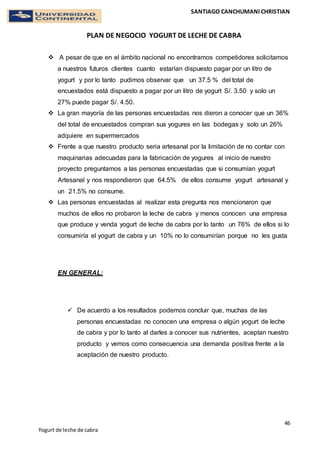 SANTIAGO CANCHUMANI CHRISTIAN
PLAN DE NEGOCIO YOGURT DE LECHE DE CABRA
46
Yogurt de leche de cabra
 A pesar de que en el ámbito nacional no encontramos competidores solicitamos
a nuestros futuros clientes cuanto estarían dispuesto pagar por un litro de
yogurt y por lo tanto pudimos observar que un 37.5 % del total de
encuestados está dispuesto a pagar por un litro de yogurt S/. 3.50 y solo un
27% puede pagar S/. 4.50.
 La gran mayoría de las personas encuestadas nos dieron a conocer que un 36%
del total de encuestados compran sus yogures en las bodegas y solo un 26%
adquiere en supermercados
 Frente a que nuestro producto seria artesanal por la limitación de no contar con
maquinarias adecuadas para la fabricación de yogures al inicio de nuestro
proyecto preguntamos a las personas encuestadas que si consumían yogurt
Artesanal y nos respondieron que 64.5% de ellos consume yogurt artesanal y
un 21.5% no consume.
 Las personas encuestadas al realizar esta pregunta nos mencionaron que
muchos de ellos no probaron la leche de cabra y menos conocen una empresa
que produce y venda yogurt de leche de cabra por lo tanto un 76% de ellos si lo
consumiría el yogurt de cabra y un 10% no lo consumirían porque no les gusta
EN GENERAL:
 De acuerdo a los resultados podemos concluir que, muchas de las
personas encuestadas no conocen una empresa o algún yogurt de leche
de cabra y por lo tanto al darles a conocer sus nutrientes, aceptan nuestro
producto y vemos como consecuencia una demanda positiva frente a la
aceptación de nuestro producto.
 
