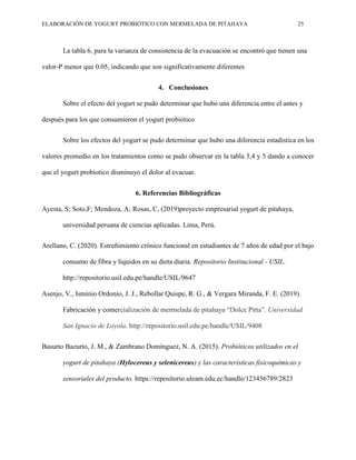 ELABORACIÓN DE YOGURT PROBIÓTICO CON MERMELADA DE PITAHAYA 25
La tabla 6, para la varianza de consistencia de la evacuación se encontró que tienen una
valor-P menor que 0.05, indicando que son significativamente diferentes
4. Conclusiones
Sobre el efecto del yogurt se pudo determinar que hubo una diferencia entre el antes y
después para los que consumieron el yogurt probiótico
Sobre los efectos del yogurt se pudo determinar que hubo una diferencia estadística en los
valores promedio en los tratamientos como se pudo observar en la tabla 3,4 y 5 dando a conocer
que el yogurt probiotico disminuyo el dolor al evacuar.
6. Referencias Bibliográficas
Ayesta, S; Soto,F; Mendoza, A; Rosas, C, (2019)proyecto empresarial yogurt de pitahaya,
universidad peruana de ciencias aplicadas. Lima, Perú.
Arellano, C. (2020). Estreñimiento crónico funcional en estudiantes de 7 años de edad por el bajo
consumo de fibra y líquidos en su dieta diaria. Repositorio Institucional - USIL.
http://repositorio.usil.edu.pe/handle/USIL/9647
Asenjo, V., Isminio Ordonio, J. J., Rebollar Quispe, R. G., & Vergara Miranda, F. E. (2019).
Fabricación y comercialización de mermelada de pitahaya “Dolce Pitta”. Universidad
San Ignacio de Loyola. http://repositorio.usil.edu.pe/handle/USIL/9408
Basurto Bazurto, J. M., & Zambrano Domínguez, N. A. (2015). Probióticos utilizados en el
yogurt de pitahaya (Hylocereus y selenicereus) y las características fisicoquímicas y
sensoriales del producto. https://repositorio.uleam.edu.ec/handle/123456789/2823
 