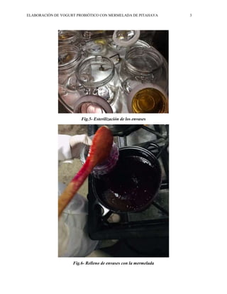 ELABORACIÓN DE YOGURT PROBIÓTICO CON MERMELADA DE PITAHAYA 3
Fig.5- Esterilización de los envases
Fig.6- Relleno de envases con la mermelada
 