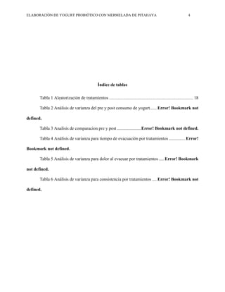 ELABORACIÓN DE YOGURT PROBIÓTICO CON MERMELADA DE PITAHAYA 4
Índice de tablas
Tabla 1 Aleatorización de tratamientos ............................................................................ 18
Tabla 2 Análisis de varianza del pre y post consumo de yogurt...... Error! Bookmark not
defined.
Tabla 3 Analisis de comparacion pre y post ......................Error! Bookmark not defined.
Tabla 4 Análisis de varianza para tiempo de evacuación por tratamientos ...............Error!
Bookmark not defined.
Tabla 5 Análisis de varianza para dolor al evacuar por tratamientos .....Error! Bookmark
not defined.
Tabla 6 Análisis de varianza para consistencia por tratamientos .... Error! Bookmark not
defined.
 