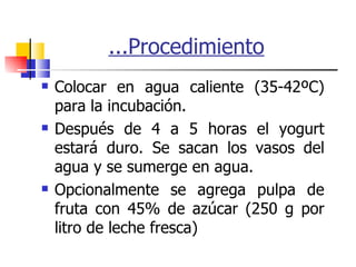 ...Procedimiento Colocar en agua caliente (35-42ºC) para la incubación.  Después de 4 a 5 horas el yogurt estará duro. Se sacan los vasos del agua y se sumerge en agua. Opcionalmente se agrega pulpa de fruta con 45% de azúcar (250 g por litro de leche fresca) 