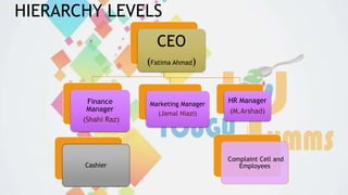 HIERARCHY LEVELS
CEO
(Fatima Ahmad)
Finance
Manager
(Shahi Raz)
Cashier
Marketing Manager
(Jamal Niazi)
HR Manager
(M.Arshad)
Complaint Cell and
Employees
 