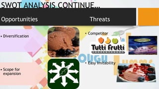 SWOT ANALYSIS CONTINUE…
Opportunities Threats
• Competitor
• Easy Imitability
• Diversification
• Scope for
expansion
 
