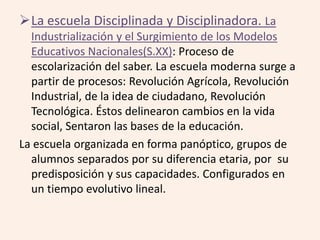 La escuela Disciplinada y Disciplinadora. La 
Industrialización y el Surgimiento de los Modelos 
Educativos Nacionales(S.XX): Proceso de 
escolarización del saber. La escuela moderna surge a 
partir de procesos: Revolución Agrícola, Revolución 
Industrial, de la idea de ciudadano, Revolución 
Tecnológica. Éstos delinearon cambios en la vida 
social, Sentaron las bases de la educación. 
La escuela organizada en forma panóptico, grupos de 
alumnos separados por su diferencia etaria, por su 
predisposición y sus capacidades. Configurados en 
un tiempo evolutivo lineal. 
 