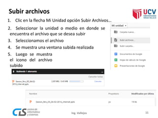 Subir archivos
11Ing. Vallejos
1. Clic en la flecha Mi Unidad opción Subir Archivos…
5. Luego se muestra
el icono del archivo
subido
2. Seleccionar la unidad o medio en donde se
encuentra el archivo que se desea subir
3. Seleccionamos el archivo
4. Se muestra una ventana subida realizada
 