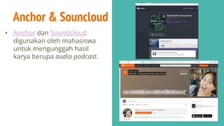 Anchor & Souncloud
• Anchor dan Soundcloud
digunakan oleh mahasiswa
untuk mengunggah hasil
karya berupa audio podcast.
 