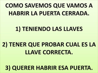 COMO SAVEMOS QUE VAMOS A
HABRIR LA PUERTA CERRADA.
1) TENIENDO LAS LLAVES

2) TENER QUE PROBAR CUAL ES LA
LLAVE CORRECTA.
3) QUERER HABRIR ESA PUERTA.

 