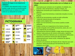 Factores de riesgo en una empresa de
soldadura:
un soldador esta expuesto tanto a lo que
pueden surgir durante la transformación
del producto que se realiza en el taller
como en su colocación en la obra:
Riesgos directamente relacionados con su trabajo en el
taller:
 Quemaduras por contacto con el soplador, el soldador, etc.,
estando a altas temperaturas, expulsan chispas, etc.
 Radiaciones ionizantes por la exposición a la soldadura
eléctrica.
 Tropezar o pisar herramientas o materiales situados en zonas
de paso.
 Caída de las herramientas cuando se están utilizando.
 Caída del material durante el transporte.
 Golpes contra objetos fijos.
 Golpes con herramientas en las manos cuando se están
utilizando.
 Golpes y cortes con maquinaria en las manos y los pies.
 Quedar atrapado entre perfiles de aluminio, acero, etc. o al
caer material de una estantería.
 Sobreesfuerzos diversos debido a cargar exceso de peso o por
adoptar malas posturas de manera continuada y repetitiva.
 Contactos eléctricos indirectos por un aislamiento defectuoso.
Ingestión de sustancias nocivas por falta de higiene,
ocasionalmente por manos sucias. Inhalación de vapores
tóxicos de plomo.
 Contacto con productos de limpieza de las máquinas que sean
abrasivos. Ruido provocado por herramientas de corte y
soldadura en el taller.
 