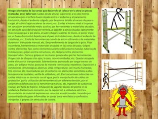 Riesgos derivados de las tareas que desarrolla al colocar en la obra las piezas
realizadas en el taller son: Caídas desde alturas superiores a los dos metros
provocadas por el orificio hueco dejado entre el andamio y el paramento
horizontal, desde el andamio colgado, por desplome debido al exceso de peso a
cargar, al subir o bajar escaleras de mano, etc. Caídas al mismo nivel al tropezar
en zonas con desnivel de medio auxiliar, por herramientas o materiales situados
en zonas de paso del oficial de herrería, al acceder a zonas situadas ligeramente
más elevadas que a pie plano, al subir o bajar escaleras de mano, al poner el pie
en un hueco horizontal dejado para el paso de instalaciones, desde el andamio de
caballetes, etc. Caída de herramientas cuando se están utilizando o de materiales
durante el transporte manual, etc. Desprendimiento de cargas de la grúa. Pisar
escombros, herramientas o materiales situados en las zonas de paso. Golpes
contra elementos fijos como elementos salientes del andamio tubular, tuberías de
instalaciones; golpes contra estructuras, etc. Golpes contra elementos
transportados. Cortes y golpes en las manos provocados por las herramientas.
Proyección de chispas a los ojos, la cara, las extremidades, etc. Quedar atrapado
entre el material transportado. Sobreesfuerzo provocado por cargar exceso de
peso, por adoptar malas posturas de manera continuada y repetitiva. Exposición a
condiciones climatológicas adversas: altas temperaturas con mucha humedad,
frío intenso, etc. Quemaduras por el contacto con elementos sometidos a altas
temperaturas: soplador, varilla de soldadura, etc. Electrocuciones indirectas con
cables eléctricos en contacto con el agua, por la manipulación de cables sin
protección, por la utilización de herramientas con diferente tensión, por el
aislamiento defectuoso de la herramienta manual, etc. Ingestión de sustancias
nocivas por falta de higiene. Inhalación de vapores tóxicos de plomo en la
soldadura. Radiaciones ionizantes por la exposición a soldadura eléctrica.
Acumulación de material explosivo en zonas no acondicionadas. Incendio por
concentración de gases inflamables en zonas poco ventiladas o confinadas.
Atropellos o golpes con vehículos de la obra.
 