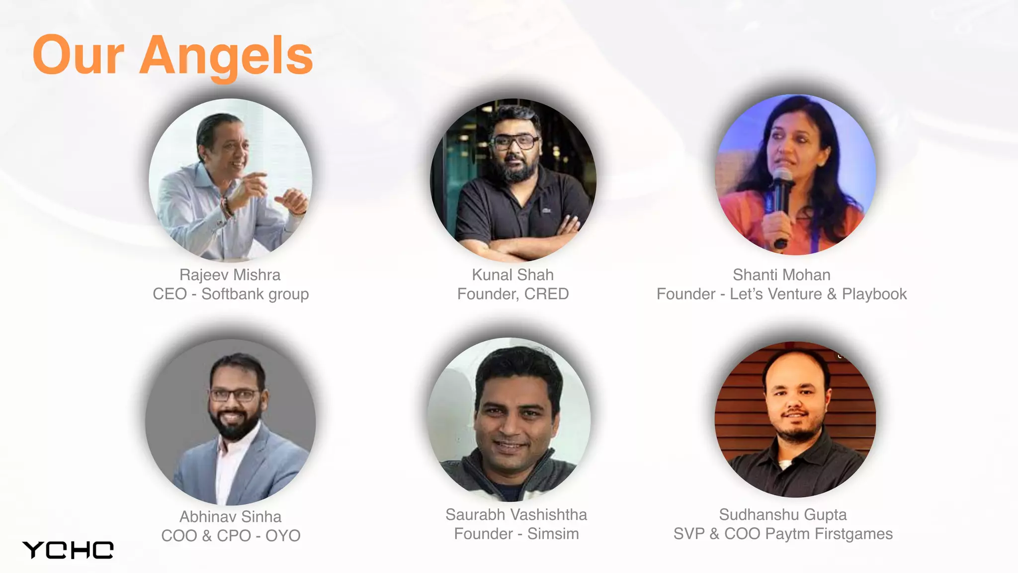 Our Angels
Shanti Mohan
Founder - Let’s Venture & Playbook
Rajeev Mishra
CEO - Softbank group
Kunal Shah
Founder, CRED
Sudhanshu Gupta
SVP & COO Paytm Firstgames
Saurabh Vashishtha
Founder - Simsim
Abhinav Sinha
COO & CPO - OYO
 