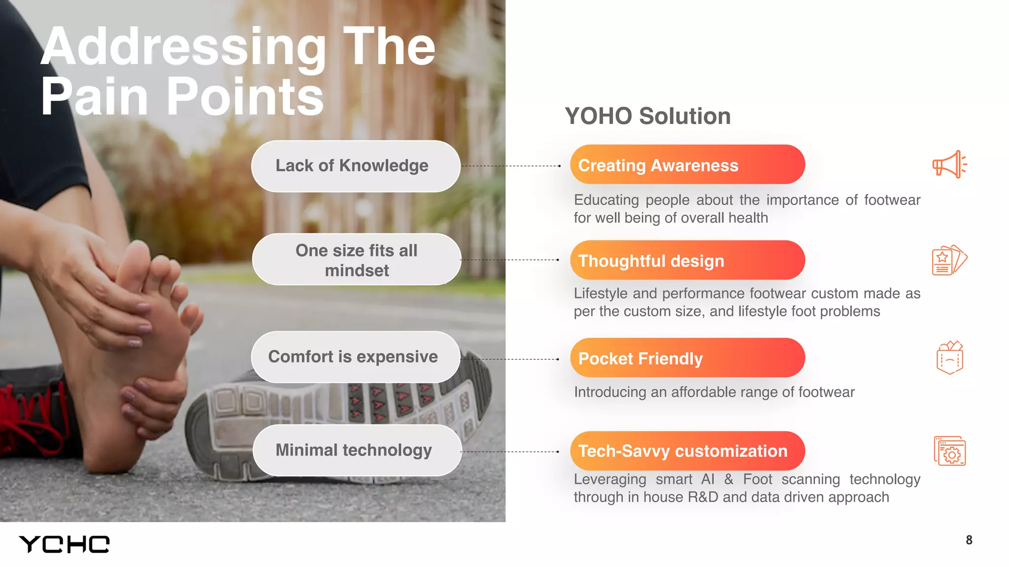 8
Addressing The
Pain Points
Lack of Knowledge
One size fits all
mindset
Comfort is expensive
Minimal technology
Creating Awareness
Educating people about the importance of footwear
for well being of overall health
Thoughtful design
Lifestyle and performance footwear custom made as
per the custom size, and lifestyle foot problems
Pocket Friendly
Introducing an affordable range of footwear
Tech-Savvy customization
Leveraging smart AI & Foot scanning technology
through in house R&D and data driven approach
YOHO Solution
 
