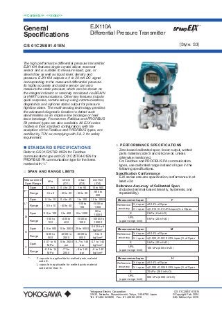 General
Specifications
<<Contents>> <<Index>>
EJX110A
Differential Pressure Transmitter
Yokogawa Electric Corporation
2-9-32, Nakacho, Musashino-shi, Tokyo, 180-8750 Japan
Tel.: 81-422-52-5690 Fax.: 81-422-52-2018
GS 01C25B01-01EN
GS 01C25B01-01EN
©Copyright Feb. 2004
24th Edition Apr. 2016
The high performance differential pressure transmitter
EJX110A features single crystal silicon resonant
sensor and is suitable to measure liquid, gas, or
steam ﬂow as well as liquid level, density and
pressure. EJX110A outputs a 4 to 20 mA DC signal
corresponding to the measured differential pressure.
Its highly accurate and stable sensor can also
measure the static pressure which can be shown on
the integral indicator or remotely monitored via BRAIN
or HART communications. Other key features include
quick response, remote set-up using communications,
diagnostics and optional status output for pressure
high/low alarm. The multi-sensing technology provides
the advanced diagnostic function to detect such
abnormalities as an impulse line blockage or heat
trace breakage. FOUNDATION Fieldbus and PROFIBUS
PA protocol types are also available. All EJX series
models in their standard conﬁguration, with the
exception of the Fieldbus and PROFIBUS types, are
certiﬁed by TÜV as complying with SIL 2 for safety
requirement.
 STANDARD SPECIFICATIONS
Refer to GS 01C25T02-01EN for Fieldbus
communication type and GS 01C25T04-01EN for
PROFIBUS PA communication type for the items
marked with “◊.”
□ SPAN AND RANGE LIMITS
Measurement
Span/Range
kPa
inH2O
(/D1)
mbar
(/D3)
mmH2O
(/D4)
F*
Span 0.1 to 5 0.4 to 20 1 to 50 10 to 500
Range -5 to 5 -20 to 20 -50 to 50
-500 to
500
L*
Span 0.1 to 10 0.4 to 40 1 to 100 10 to 1000
Range -10 to 10 -40 to 40
-100 to
100
-1000 to
1000
M
Span 0.5 to 100 2 to 400 5 to 1000
50 to
10000
Range
-100 to
100
-400 to
400
-1000 to
1000
-10000 to
10000
H
Span 2.5 to 500 10 to 2000 25 to 5000
0.025 to 5
kgf/cm2
Range
-500 to
500
-2000 to
2000
-5000 to
5000
-5 to 5
kgf/cm2
V
Span
0.07 to 14
MPa
10 to 2000
psi
0.7 to 140
bar
0.7 to 140
kgf/cm2
Range
-0.5 to 14
MPa
-71 to
2000
-5 to 140
bar
-5 to 140
kgf/cm2
*: F capsule is applicable for wetted parts material
code S.
L capsule is applicable for wetted parts material
code other than S.
□ PERFORMANCE SPECIFICATIONS
Zero-based calibrated span, linear output, wetted
parts material code S and silicone oil, unless
otherwise mentioned.
For Fieldbus and PROFIBUS PA communication
types, use calibrated range instead of span in the
following specifications.
Specification Conformance
EJX series ensures specification conformance to at
least ±3σ.
Reference Accuracy of Calibrated Span
(includes terminal-based linearity, hysteresis, and
repeatability)
Measurement span F
Reference
accuracy
X ≤ span ±0.04% of Span
X > span ±(0.015+0.01 URL/span)% of Span
X 2 kPa (8 inH2O)
URL
(upper range limit)
5 kPa (20 inH2O)
Measurement span M
Reference
accuracy
X ≤ span ±0.04% of Span
X > span ±(0.002+0.0019 URL/span)% of Span
X 5 kPa (20 inH2O)
URL
(upper range limit)
100 kPa (400 inH2O)
Measurement span H
Reference
accuracy
X ≤ span ±0.04% of Span
X > span ±(0.005+0.0049 URL/span)% of Span
X 70 kPa (280 inH2O)
URL
(upper range limit)
500 kPa (2000 inH2O)
[Style: S3]
 
