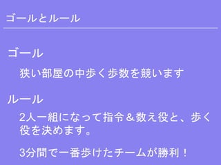 ゴールとルール
ゴール
狭い部屋の中歩く歩数を競います
ルール
2人一組になって指令＆数え役と、歩く
役を決めます。
3分間で一番歩けたチームが勝利！
 