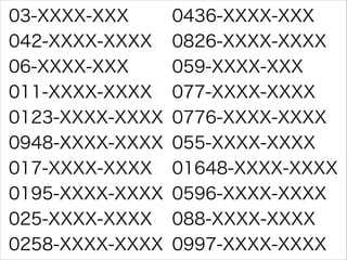 03-XXXX-XXX
042-XXXX-XXXX
06-XXXX-XXX
011-XXXX-XXXX
0123-XXXX-XXXX
0948-XXXX-XXXX
017-XXXX-XXXX
0195-XXXX-XXXX
025-XXXX-XXXX
0258-XXXX-XXXX

0436-XXXX-XXX
0826-XXXX-XXXX
059-XXXX-XXX
077-XXXX-XXXX
0776-XXXX-XXXX
055-XXXX-XXXX
01648-XXXX-XXXX
0596-XXXX-XXXX
088-XXXX-XXXX
0997-XXXX-XXXX

 