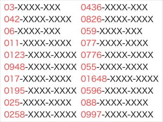 03-XXXX-XXX
042-XXXX-XXXX
06-XXXX-XXX
011-XXXX-XXXX
0123-XXXX-XXXX
0948-XXXX-XXXX
017-XXXX-XXXX
0195-XXXX-XXXX
025-XXXX-XXXX
0258-XXXX-XXXX

0436-XXXX-XXX
0826-XXXX-XXXX
059-XXXX-XXX
077-XXXX-XXXX
0776-XXXX-XXXX
055-XXXX-XXXX
01648-XXXX-XXXX
0596-XXXX-XXXX
088-XXXX-XXXX
0997-XXXX-XXXX

 