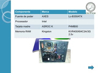 Componente

Marca

Modelo

Fuente de poder

AXES

Lc-B350ATX

Procesador

Intel

Tarjeta madre

ASROC K

P4MB00

Memoria RAM

Kingston

KVR400X64C3A/3G
2.5v

 
