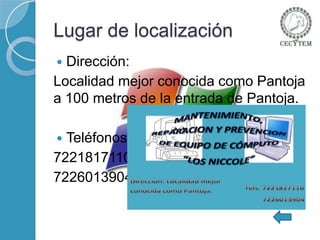 Lugar de localización
Dirección:
Localidad mejor conocida como Pantoja
a 100 metros de la entrada de Pantoja.


Teléfonos:
7221817110
7226013904


 