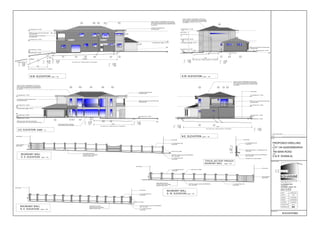 CROSSMOOR
TEL./FAX. 031-4093357
MOBILE: 082 3227362
375 CROSSMOOR DRIVE
CHATSWORTH . DURBAN . 4092
PR.NO. ST-20559 (S.A.C.A.P)
DRAWN
PROJECT NO
DRAWING NO
DATE
DESIGN
SCALE
r a j e s h
ASHARAM
A R C H I T E C T U R E
1:100
070411
3/3
CHECKED
Author/ Architect
Drawing Title
R. ASHARAM
R. ASHARAM
ELEVATIONS
Project
CLIENTS SIGNATURE
DATE
PROPOSED DWELLING
ON
LOT 144 QUEENSBURGH
AT
794 MAIN ROAD
FOR
D & R DHANILAL
N.E. ELEVATION scale 1 : 100
S.W. ELEVATION scale 1 : 100
S.E. ELEVATION scale 1 : 100
N.W. ELEVATION scale 1 : 100
FGL
ground floor level - 101.600
corbelled bwk & plaster bands
to architects detail
Ø300mm pre-cast columns with head & base
to architects detail -
1050m high wrought-iron balustrading
to architects detail
'Codova' roof tiles on 38x38 battens on 250 microns
plastic underlay on pre-fabricated trusses (gangnailed)
on 114x38mm wall plates tied down at least 8 courses
into brickwork
'Codova' roof tiles on 38x38 battens on 250 microns
plastic underlay on pre-fabricated trusses (gangnailed)
on 114x38mm wall plates tied down at least 8 courses
into brickwork
10mm tempered glass to frameless
folding stacking doors by specialists
Ø300mm pre-cast columns with head & base
to architects detail
Ø300mm pre-cast columns with head & base
to architects detail
Ø300mm pre-cast columns with head & base
to architects detail
Ø300mm pre-cast columns with head & base
to architects detail
500
600
500
R.E 2
R.E 3
i.e
dia 110mm upvc ribbed soil pipe at 1:44 gradient
Ø75mm rwdp
Ø75mm rwdp
Ø75mm rwdp
Ø110mm rwdp encased into column
corbelled bwk & plaster bands
to architects detail
smooth plaster & paint with plaster primer &
two coats finishing coat
i.e
dia 110mm upvc ribbed soil pipe at 1:48 gradient
R.E 1R.E 2
C.L. - 101.500
I.L. - 101.000
D. - 0.500
i.e
C.L. - 101.500
I.L. - 100.850
D. - 0.650
7 000
dia 110mm upvc ribbed soil pipe at 1:47 gradient
'Codova' roof tiles on 38x38 battens on 250 microns
plastic underlay on pre-fabricated trusses (gangnailed)
on 114x38mm wall plates tied down at least 8 courses
into brickwork
'Codova' roof tiles on 38x38 battens on 250 microns
plastic underlay on pre-fabricated trusses (gangnailed)
on 114x38mm wall plates tied down at least 8 courses
into brickwork
19100
site boundary
site boundary
stipple plaster and paint to
new feature beams with stepped
plastered coping to detail
BOUNDARY WALL
S. E. ELEVATION
340x340mm facebrick columns with 460x460mm
base - all to detail
p.c. moulding fixed to wall
to both sides
columns to arch. details
p.c. moulding fixed to wall
to both sides
ngl
2000
natural sandstone
tiling to detail
NGL
scale 1 : 100
2000
site boundary
site boundary
340x340mm facebrick columns with 460x460mm
base - all to detail
p.c. moulding fixed to wall
to both sides
columns to arch. details
p.c. moulding fixed to wall
to both sides
NGL
stipple plaster and paint to
new feature beams with stepped
plastered coping to detail
BOUNDARY WALL
N. E. ELEVATION scale 1 : 100
stipple plaster and paint to
new feature beams with stepped
plastered coping to detail
site boundary
site boundary
natural sandstone
tiling to detail
2000
p.c. moulding fixed to wall
to both sides
columns to arch. details
340x340mm facebrick columns with 460x460mm
base - all to detail
p.c. moulding fixed to wall
to both sides
BOUNDARY WALL
S. W. ELEVATION scale 1 : 100
i.e
C.L. - 99.500
I.L. - 98.000
D. - 1.500
Ø 110 mm 2 way
svp
Ø 110 mm 2 way
svp
g
i.ei.e
C.L. - 101.500
I.L. - 100.850
D. - 0.650
R.E 4
R.E 5
i.e
C.L. - 101.500
I.L. - 101.000
D. - 0.500 10700
C.L. - 101.160
I.L. - 100.660
D. - 0.500
dia 110mm upvc ribbed soil pipe at 1:50 gradient
R.E 5
i.e
i.e
25 000nts
C.L. - 101.500
I.L. - 100.350
D. - 1.150
1500
C.L. - 101.500
I.L. - 100.300
D. - 1.200
5800
dia 110mm upvc ribbed soil pipe at 1:3 gradient
CONNECTION MH
site boundary
340x340mm facebrick columns with 460x460mm
base - all to detail
p.c. moulding fixed to wall
to both sides
NGL
700x230mm conc. strip foundations
230mm thick wall with p.c. moulding fixed to wall
to both sides
TYPICAL SECTION THROUGH
BOUNDARY WALL scale 1 : 100
D12 D1 W14 W13
W10
D5
W29 W28 W27 W26
W6 W5 W4b W4a W2
W21 W20 W19 W18 W17
i.e
W8 W7
W24 W23 D18 W22
garage floor level - 101.500
tos. first floor level - 104.525
u/s tie beam level - garage - 104.175
u/s wall plate level - 107.245 u/s wall plate level - 107.245
2000
1800
tos. first floor level - 104.525
ground floor level - 101.600
W16 W15W1
W30
W3
W26
W9
ground floor level - 101.600
tos. first floor level - 104.525
u/s wall plate level - 107.245
u/s tie beam level - garage - 104.175
ground floor level - 101.600
tos. first floor level - 104.525
u/s wall plate level - 107.245
u/s tie beam level - garage - 104.175
garage floor level - 101.500
ground floor level - 101.260
C.L. - 101.160
I.L. - 100.660
D. - 0.500
C.L. - 101.160
I.L. - 100.386
D. - 0.774
ground floor level - 101.260 ground floor level - 101.260
ground floor level - 101.260
site boundary
site boundary
FGL
NGL
FGL
FGL
NGL
NGL
FGL FGL
FGL
FGL
NGL
NGL
NGL
NGL
21 APRIL 2012
Y.SEWPERSAD
 