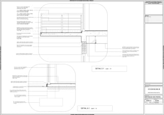 Line of re. concrete column plastered &
painted as per Strc. Eng. details &
specifications Colour : White
per Specialist details & specifications
Colour : Gun Metal Grey (RAL 9006)
as per Specialist details & specifications
Colour : Gun Metal Grey (RAL 9006)
Glazed aluminium shopfront with top hung
openings & waterproofing, to be powder coated
as per Specialist details & specifications
Colour : Gun Metal Grey (RAL 9006)
600x600mm non-slip porcelain tiles laid on 20mm
thick screed laid to fall, with expansion joints as per
Specialist details details & specifications
Colour : White
Re. concrete slab as per Strc. Eng details &
specifications
12mm plaster to be skimmed to a smooth surface
& to painted as per Specialist details &
specifications
Colour : White
REVISIONS
DATE NO. REVISION
OWNER'S SIGNATURE
03/04
DETAILED SECTIONS
STUDIOWORK III
PROPOSED OFFICE BLOCK
27 OCT 2014
PROJECT TITLE
DRAWING TITLE
PROJECT No. DRAWING No.
SCALE DATE DESIGNED/DRAWN
1:10 Y.SEWPERSAD
DETAIL A-1 scale 1 : 10
DETAIL C-1 scale 1 : 10
THIS DRAWING IS THE COPYRIGHT INTERLECTUAL
PROPERTY OF YOLANDA SEWPERSAD CANDIDATES CC.
AND MAY NOT BE COPIED, SHARED OR REPRODUCED
WITHOUT THE WRITTEN CONSENT.
KMY15
PRODUCED BY AN AUTODESK EDUCATIONAL PRODUCTPRODUCEDBYANAUTODESKEDUCATIONALPRODUCT
PRODUCEDBYANAUTODESKEDUCATIONALPRODUCT
PRODUCEDBYANAUTODESKEDUCATIONALPRODUCT
 