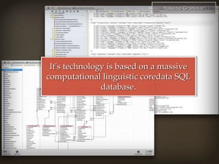 It's technology is based on a massive
computational linguistic coredata SQL
database.
Yolaroo Grammar
 