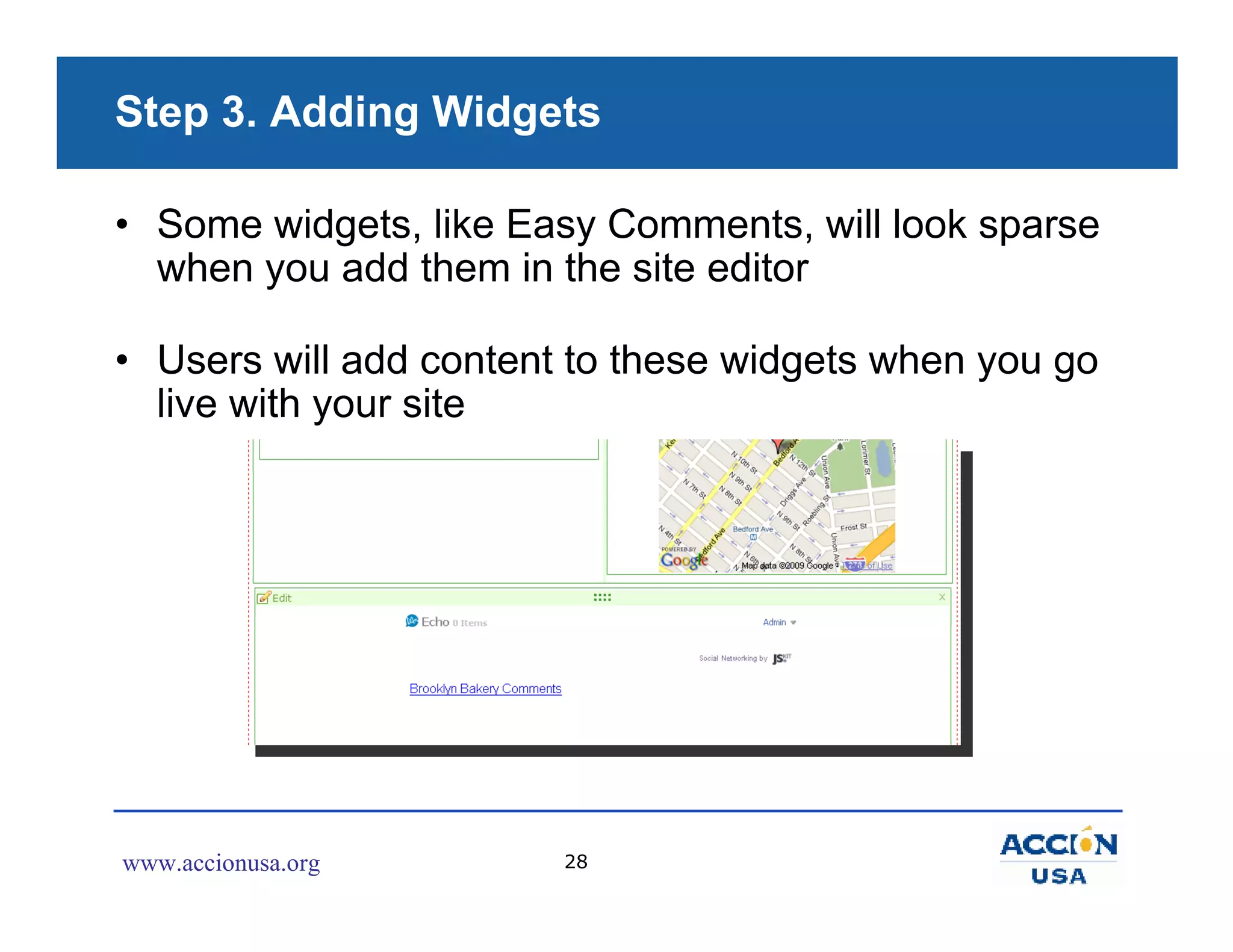 Step 3. Adding Widgets

• Some widgets, like Easy Comments, will look sparse
  when you add them in the site editor

• Users will add content to these widgets when you go
  live with your site




www.accionusa.org       28
 