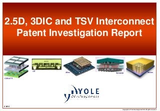 © 2013
Copyrights © Yole Developpement SA. All rights reserved.
2.5D, 3DIC and TSV Interconnect
Patent Investigation Report
Infineon
MicronSynopsys
VTI
CEA LETI
Xilinx
 