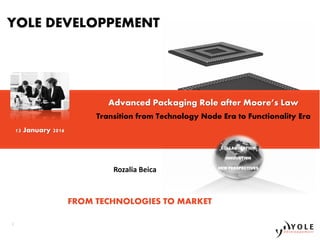 Copyrights © Yole Développement SA. All rights reserved.
1
1
YOLE DEVELOPPEMENT
FROM TECHNOLOGIES TO MARKET
COLLABORATION
INNOVATION
NEW PERSPECTIVES
Advanced Packaging Role after Moore’s Law
Transition from Technology Node Era to Functionality Era
13 January 2016
Rozalia Beica
 