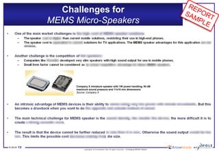 © 2014•12 
Copyrights © KnowMade SARL All rights reserved.–Emerging MEMS Report 
Challenges for MEMS Micro-Speakers 
Company X miniature speaker with 1W power handling, 94 dB maximum sound pressure and 11x15 mm dimensions 
Source: Company X  