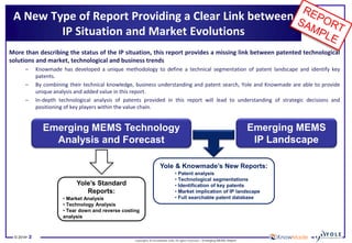 © 2014•2 
Copyrights © KnowMade SARL All rights reserved.–Emerging MEMS Report 
A New Type of Report Providing a Clear Link between IP Situation and Market Evolutions 
MorethandescribingthestatusoftheIPsituation,thisreportprovidesamissinglinkbetweenpatentedtechnologicalsolutionsandmarket,technologicalandbusinesstrends 
–Knowmadehasdevelopedauniquemethodologytodefineatechnicalsegmentationofpatentlandscapeandidentifykeypatents. 
–Bycombiningtheirtechnicalknowledge,businessunderstandingandpatentsearch,YoleandKnowmadeareabletoprovideuniqueanalysisandaddedvalueinthisreport. 
–In-depthtechnologicalanalysisofpatentsprovidedinthisreportwillleadtounderstandingofstrategicdecisionsandpositioningofkeyplayerswithinthevaluechain. 
Emerging MEMS Technology Analysis and Forecast 
Emerging MEMS 
IP Landscape 
Yole’sStandard Reports: 
•Market Analysis 
•Technology Analysis 
•Tear down and reverse costing analysis 
Yole& Knowmade’sNew Reports: 
•Patent analysis 
•Technological segmentations 
•Identification of key patents 
•Market implication of IP landscape 
•Full searchable patent database  