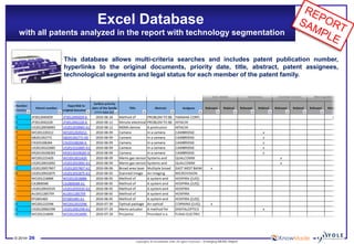 © 2014•26 
Copyrights © KnowMade SARL All rights reserved.–Emerging MEMS Report 
Excel Databasewith all patents analyzed in the report with technology segmentation 
Thisdatabaseallowsmulti-criteriasearchesandincludespatentpublicationnumber, hyperlinkstotheoriginaldocuments,prioritydate,title,abstract,patentassignees, technologicalsegmentsandlegalstatusforeachmemberofthepatentfamily.  