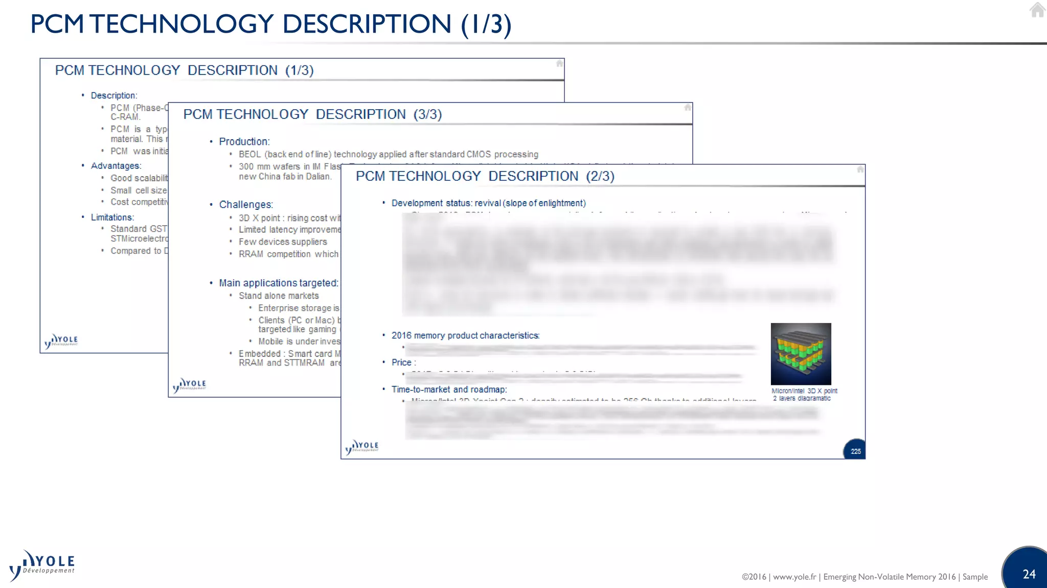 24
PCM TECHNOLOGY DESCRIPTION (1/3)
©2016 | www.yole.fr | Emerging Non-Volatile Memory 2016 | Sample
 