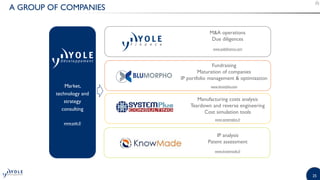 25
A GROUP OF COMPANIES
Market,
technology and
strategy
consulting
www.yole.fr
M&A operations
Due diligences
www.yolefinance.com
Fundraising
Maturation of companies
IP portfolio management & optimization
www.bmorpho.com
Manufacturing costs analysis
Teardown and reverse engineering
Cost simulation tools
www.systemplus.fr
IP analysis
Patent assessment
www.knowmade.fr
 