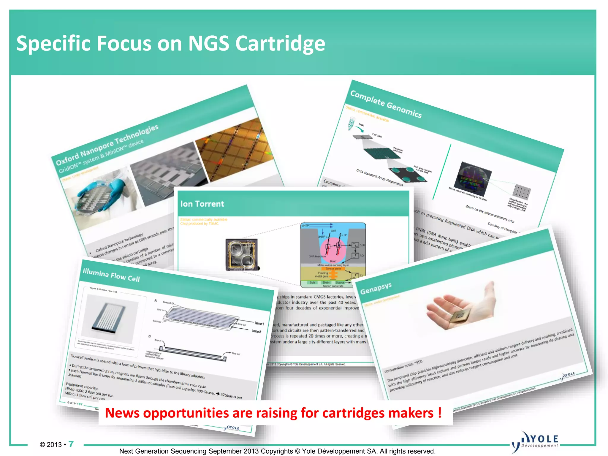 © 2013 • 7
Next Generation Sequencing September 2013 Copyrights © Yole Développement SA. All rights reserved.
Specific Focus on NGS Cartridge
News opportunities are raising for cartridges makers !
 